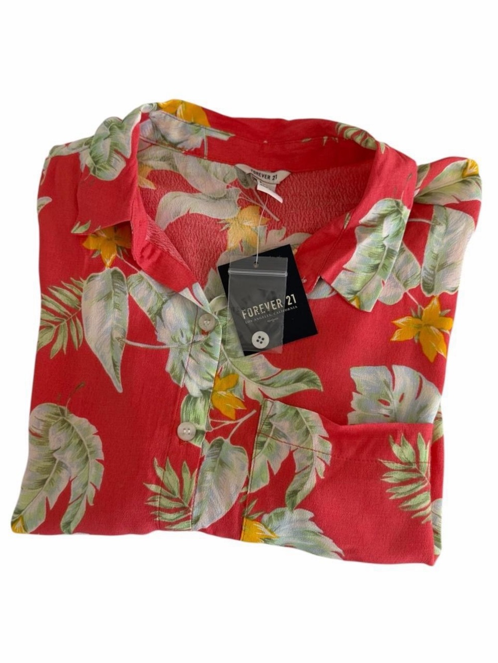 NWT Forever 21 Red Tropical Floral Hawaiian Button-Down Shirt - Picture 8 of 8